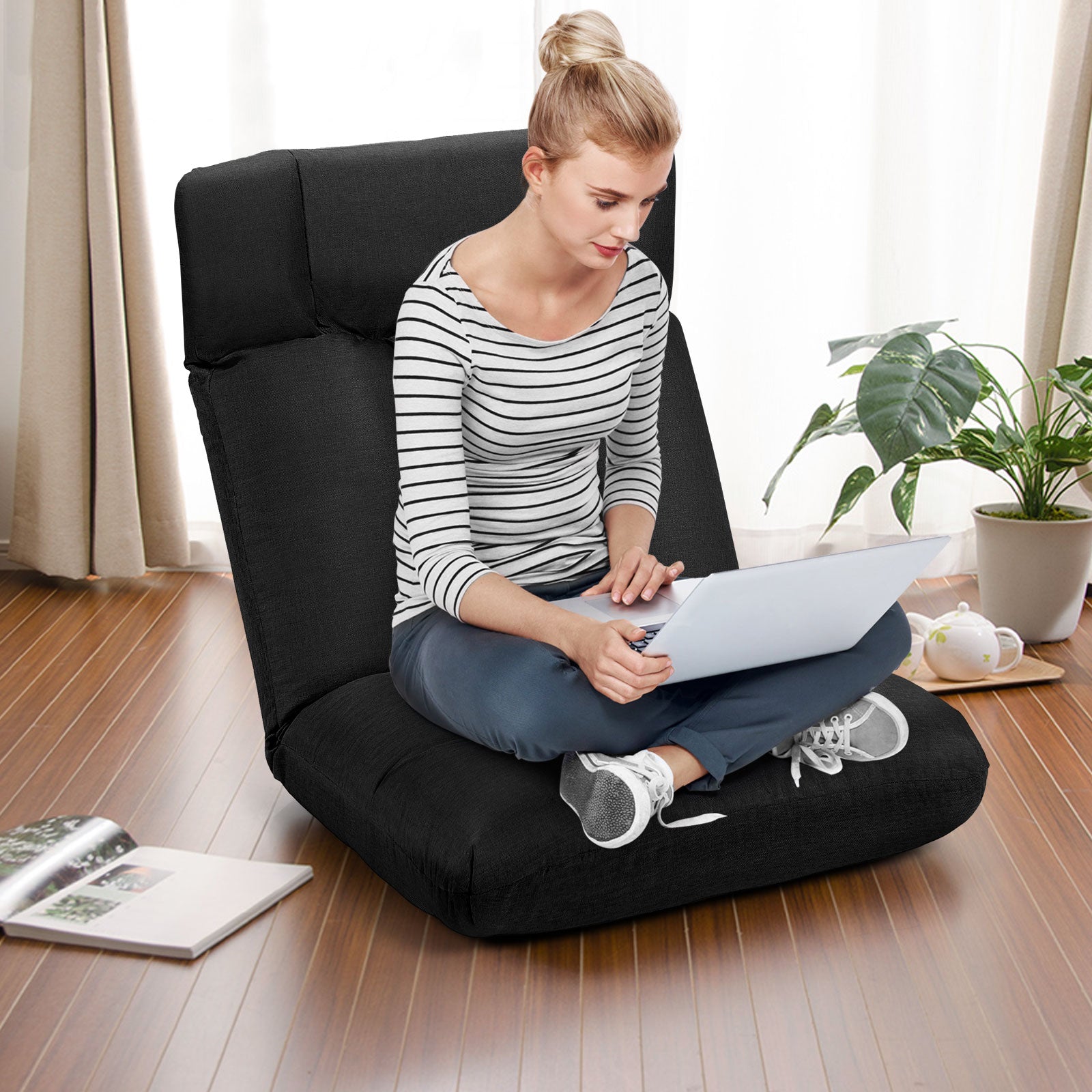 Bodenstuhl Tatami Schlafsessel Bodensessel Relaxsessel Sofastuhl Liegenfunktion Schwarz